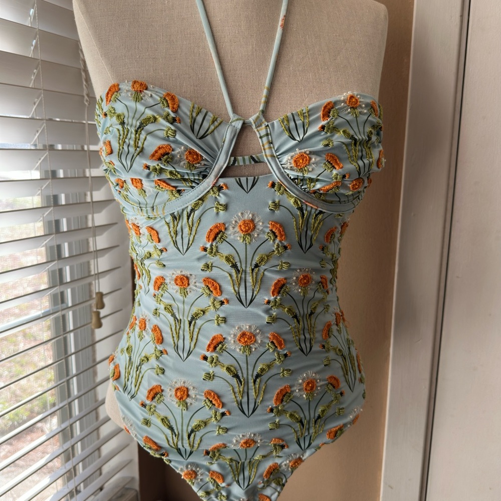 Agua by Agua Bendita Floral One Piece in Light Blue and Orange